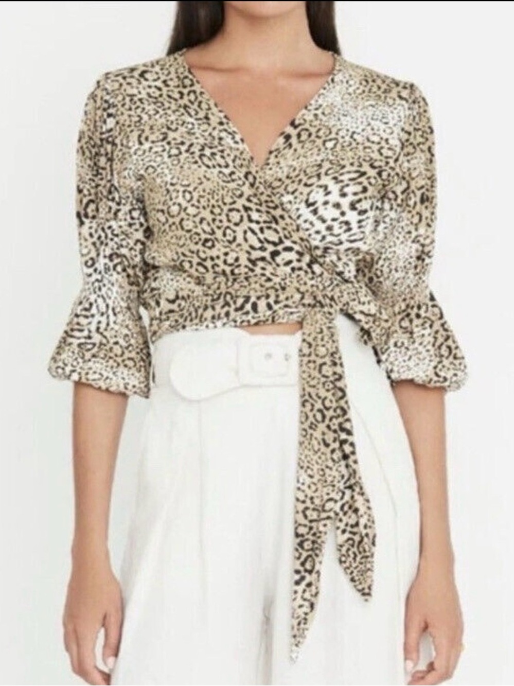 Faithfull The Brand Wrap Blouse Leopard Beige Cropped Tie Waist Revolve Size 2